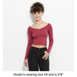 Wild Fable Women's Long Sleeve T-Shirt Burgundy, Size XXL, Cropped